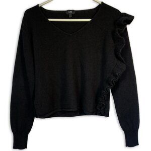 LINE Women’s 100% Cashmere Sweater Black with Ruffle V-Neck Size M Classic